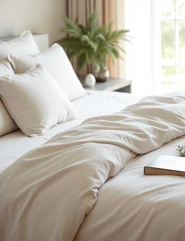 A neatly made bed with soft, natural-toned Australian cotton bed linens.