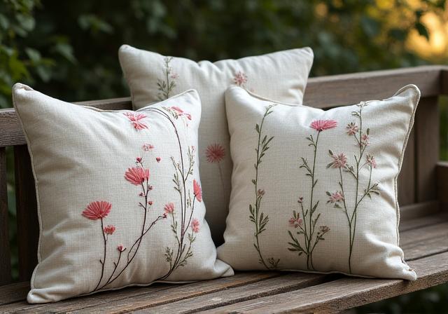 A collection of three embroidered cushions with botanical patterns on a rustic wooden bench.